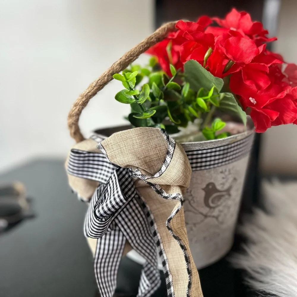 Charming Red Floral arrangement boho bow Bucket by new
